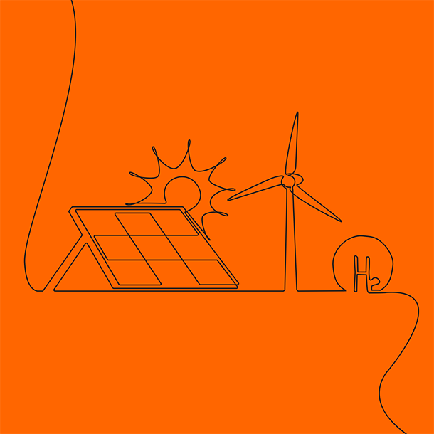 graphic of sun, solar panels and windmill