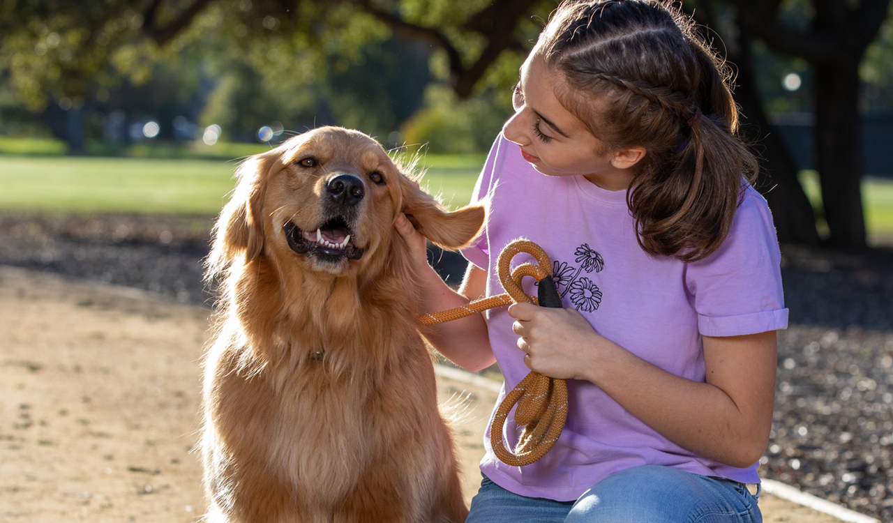girl petting golden retriever on walking trail