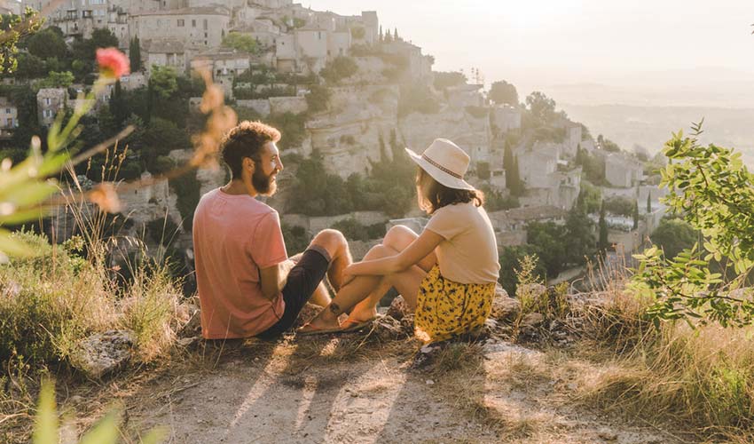 couple laughing together during holiday