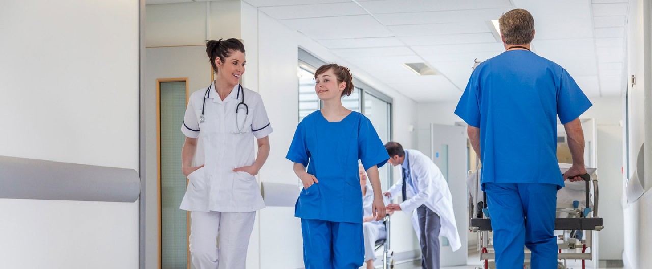 medical practitioners in the hallway