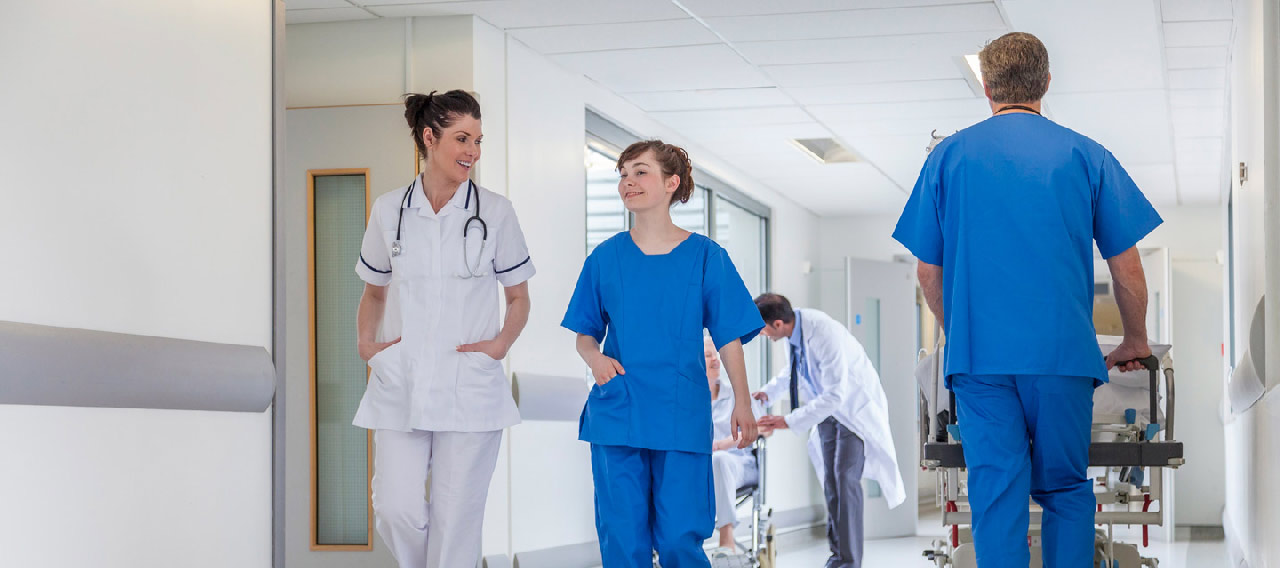medical practitioners in the hallway